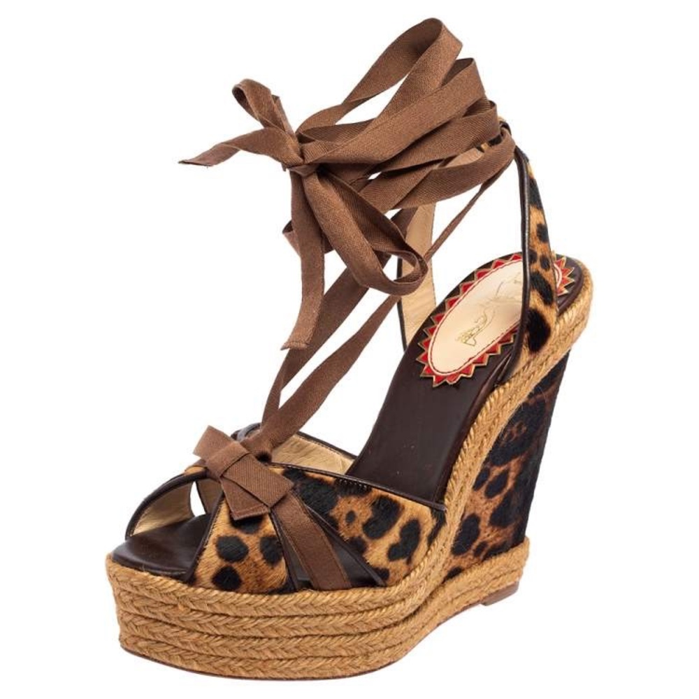 Christian Louboutin Brown/Black Leopard Print Isabelle Wedge Sandals